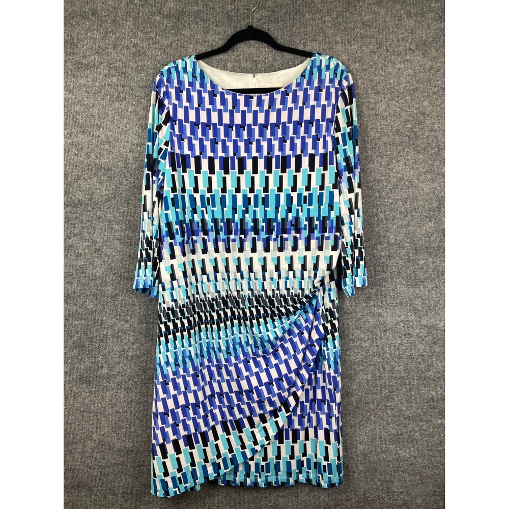Chico's Sheath Dress Womens Size 4 Blue Geometric Faux Wrap Excellent 3/4 Sleeve